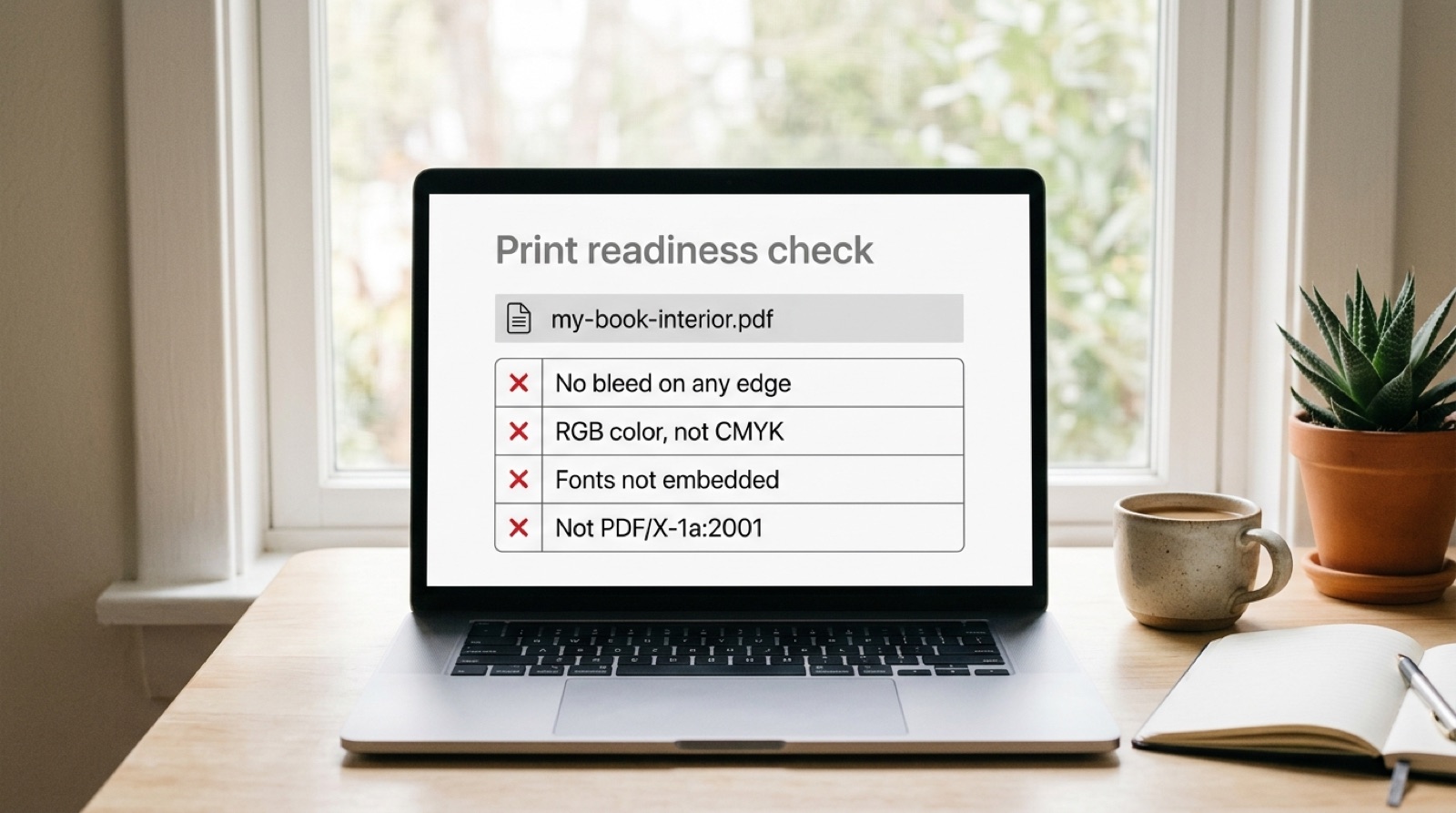 A laptop showing a print readiness check for a PDF, listing four failures: no bleed on any edge, RGB color rather than CMYK, fonts not embedded, and not PDF/X-1a:2001.